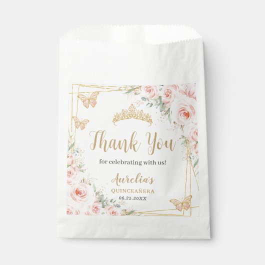 Sachets En Papier Beurre rose floral bleu Quinceanera XV (Devant)