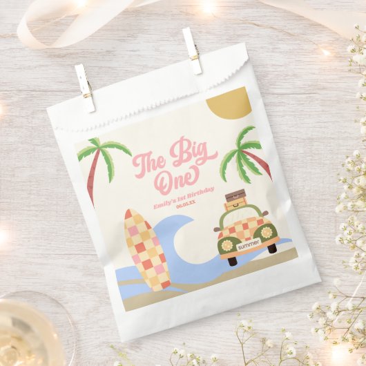 Sachets En Papier Big One Beach Surf rose 1er anniversaire (Coupé)