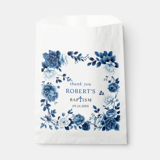 Sachets En Papier Bleu floral Chinoiserie garçon Baptême Merci (Devant)
