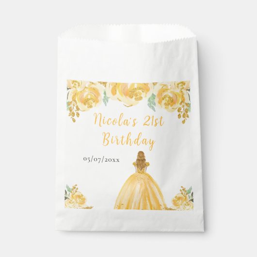 Sachets En Papier Blonde Hair Princess Gold Floral Birthday Party (Devant)