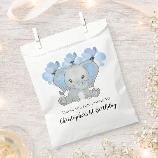 Sachets En Papier Blue Baby Boy Elephant Fleurs 1er anniversaire (Coupé)