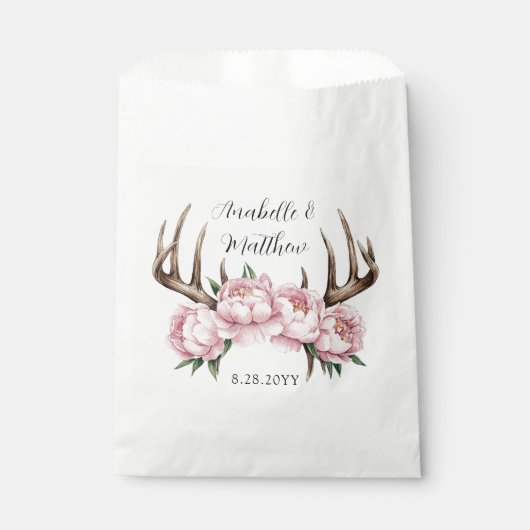 Sachets En Papier Boho Antler avec Mariage Pink Peonies (Devant)