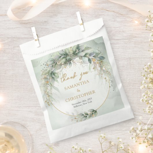 Sachets En Papier Boho Eucalyptus branches vertes faux cadre or (Coupé)