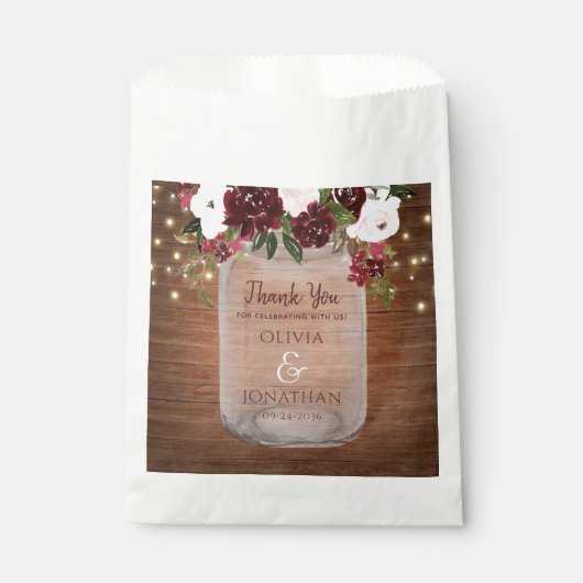 Sachets En Papier Bois rustique Bourgogne Floral Mason Jar Mariage (Devant)