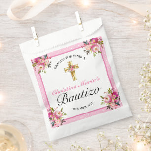 Sachets En Papier Bonito Rosa Floral Oro Cruz Bautismo Gracias