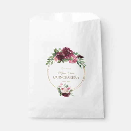 Sachets En Papier Bourgogne Blush Floral Mis Quince Quinceañera (Devant)