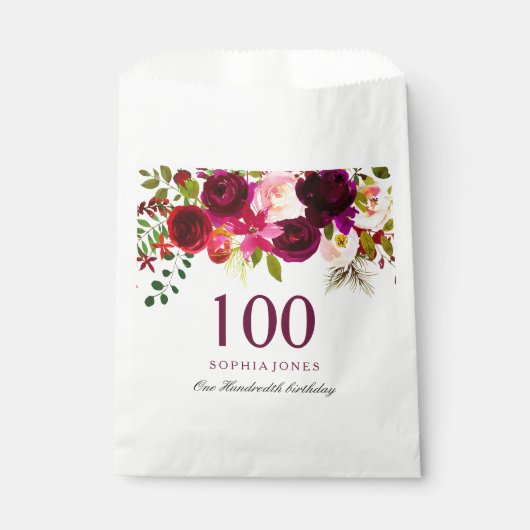 Sachets En Papier Bourgogne Floral Boho 100e fête d'anniversaire (Devant)