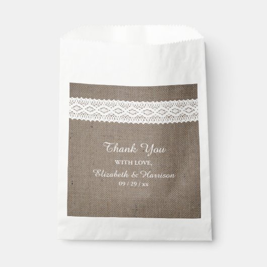 Sachets En Papier Burlap rustique et Merci Mariage de dentelle blanc (Devant)