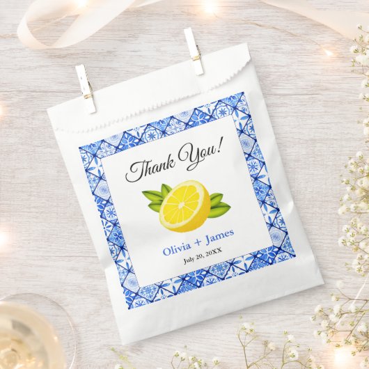 Sachets En Papier Carrelage bleu méditerranéen Citron Merci Mariage (Coupé)