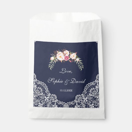Sachets En Papier Charm Blush rose Fleurs dentelle Mariage Marine (Devant)