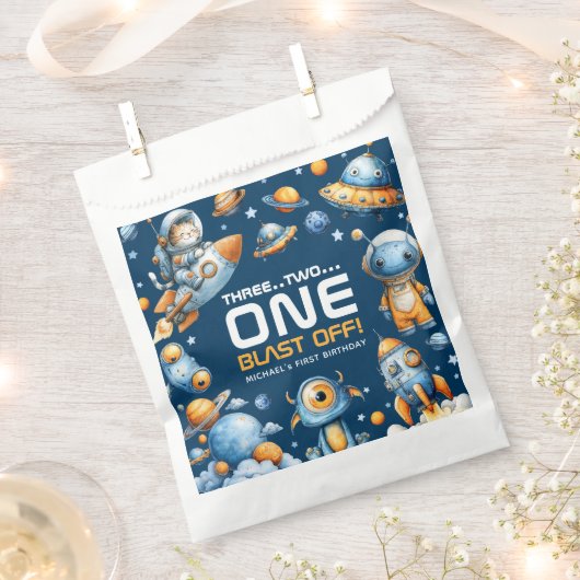 Sachets En Papier Chat Astronaute de l'Espace Décollage 1er Anniver (Coupé)