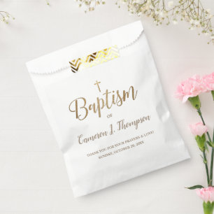Sachets En Papier Croix d'or Baptême blanc Merci simple