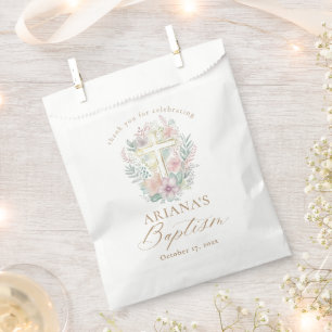 Sachets En Papier Croix d'or rose Floral Elégant Aquarelle Baptême