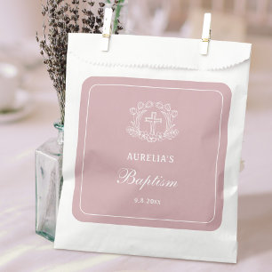 Sachets En Papier Croix florale simple sur le baptême rose