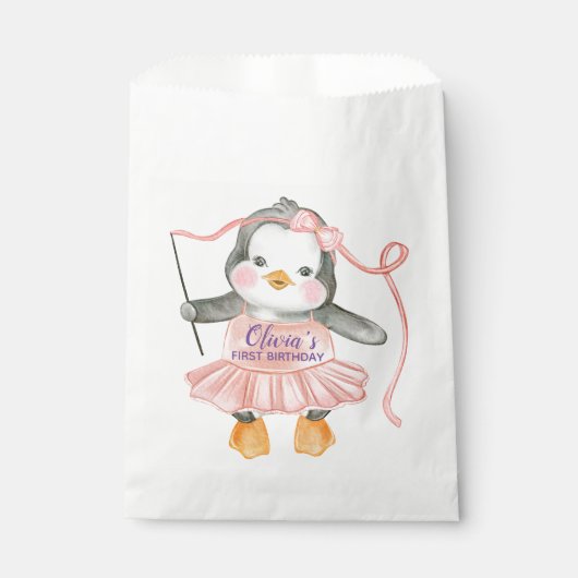 Sachets En Papier Cute Ballerina Penguin rose 1er anniversaire (Devant)
