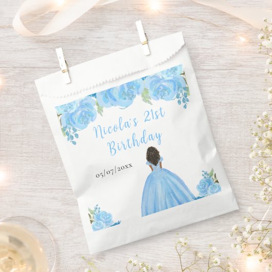 Sachets En Papier Dark Skin Princess Blue Floral Birthday Party (Coupé)