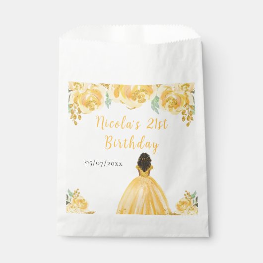 Sachets En Papier Dark Skin Princess Gold Floral Birthday Party (Devant)