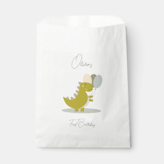 Sachets En Papier Dinosaure jaune vert gris premier anniversaire (Devant)