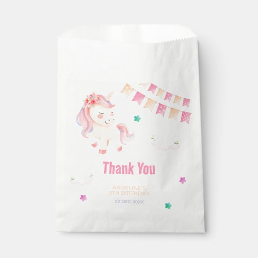 Sachets En Papier Drapeau Unicorn mignon fille Anniversaire Merci (Devant)