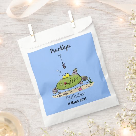Sachets En Papier Drôle gras affamé poisson vert dessin de pêche (Coupé)