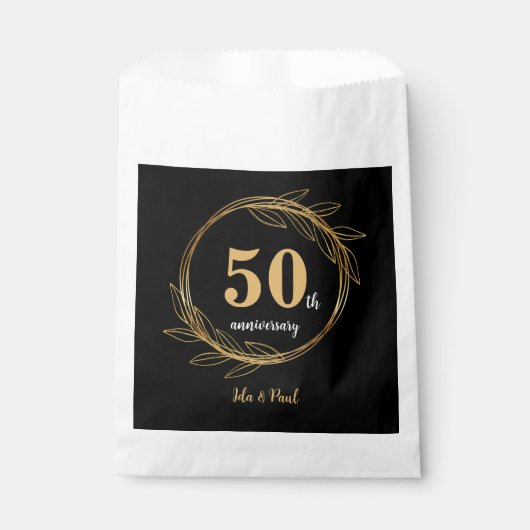 Sachets En Papier Elégant Black Gold Leaf 50e anniversaire Mariage (Devant)