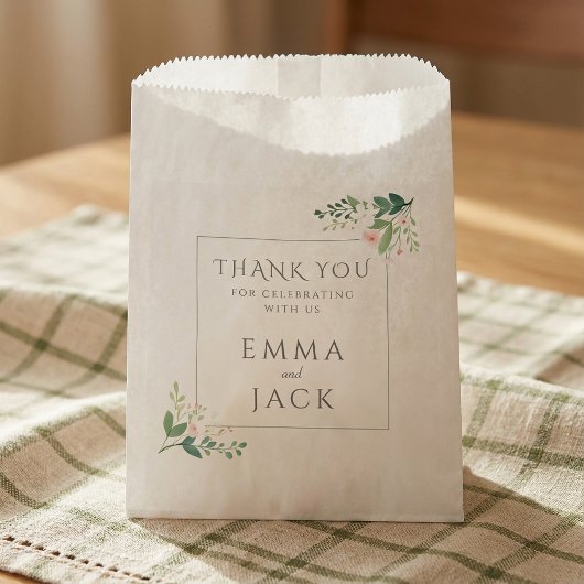 Sachets En Papier Élégant cadre fleuri vert et rose mariage