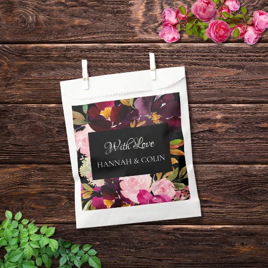 Sachets En Papier Elégant cadre floral rose bordeaux noir