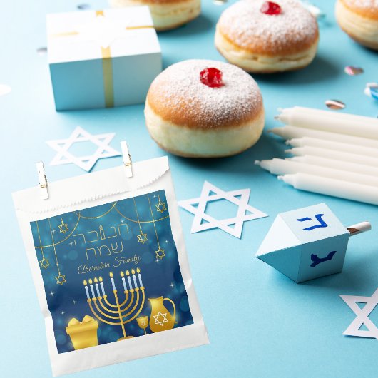 Sachets En Papier Elégant Hébreu bleu et or Happy Hanoukka