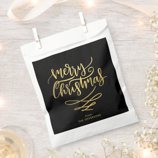 Sachets En Papier Élégant Joyeux Noël Script Or et Noir (Coupé)