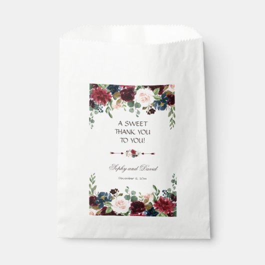 Sachets En Papier Elégant Merlot Marine bleu Mariage Floral MERCI (Devant)