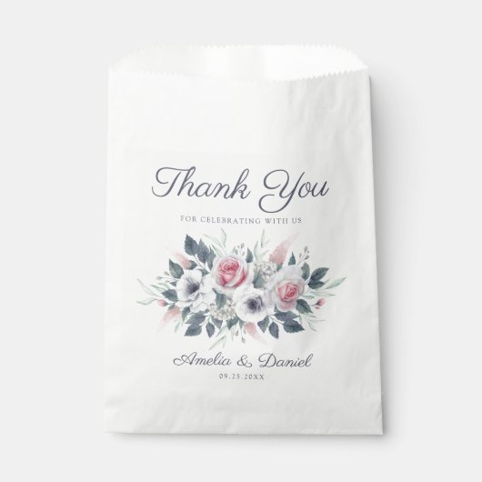Sachets En Papier Elégante aquarelle rose Roses Mariage Merci (Devant)