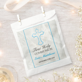 Sachets En Papier Elégante Croix Bleue Première Communion avec marbr