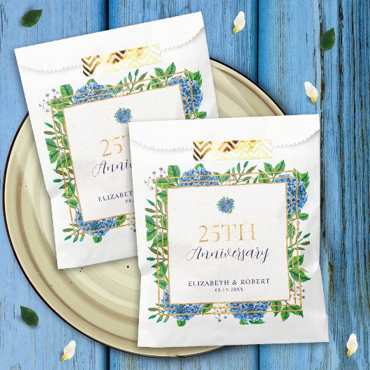 Sachets En Papier Elégante Gold Blue Hydrangea fête du 25e anniversa