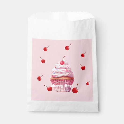 Sachets En Papier Fête d'anniversaire pour bébé rose avec thème ceri (Devant)