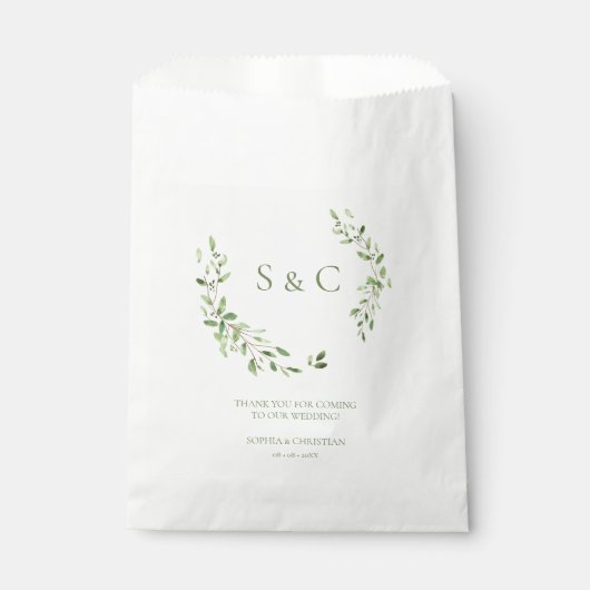 Sachets En Papier Feuillage vert élégant monogramme mariage sur mesu (Devant)