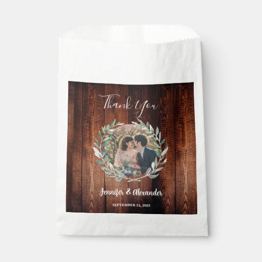 Sachets En Papier Feuille rustique grange bois photo Mariage Merci (Devant)