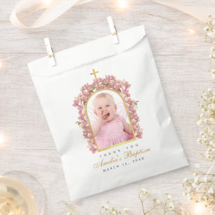 Sachets En Papier Fille Baptême Photo Orchidées Roses Faux Arc Or Fa