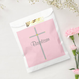 Sachets En Papier Fille de baptême Rose Croix Argentée Merci