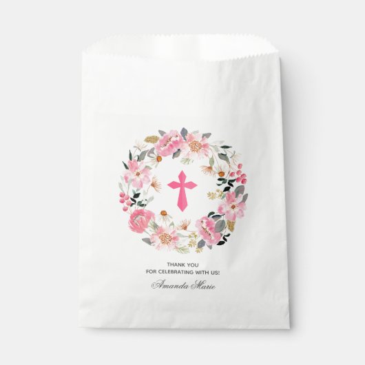 Sachets En Papier Fille première communion aquarelle rose floral (Devant)