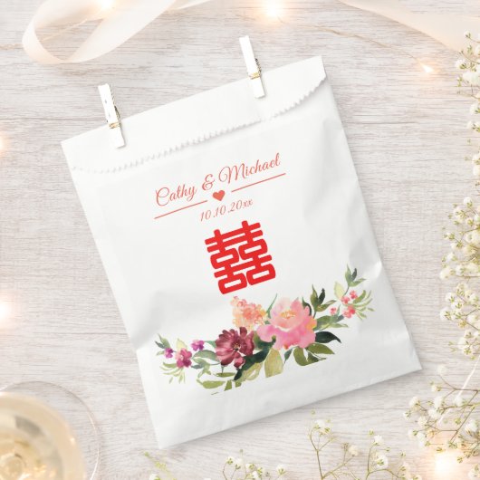 Sachets En Papier Fleur aquarelle double bonheur mariage chinois (Coupé)