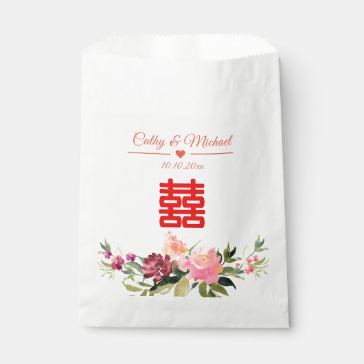 Sachets En Papier Fleur aquarelle double bonheur mariage chinois (Devant)