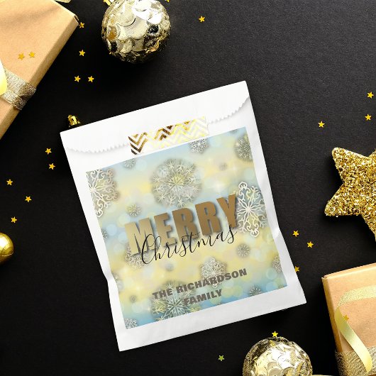 Sachets En Papier Flocons de neige en filigranes dorés Joyeux Noël