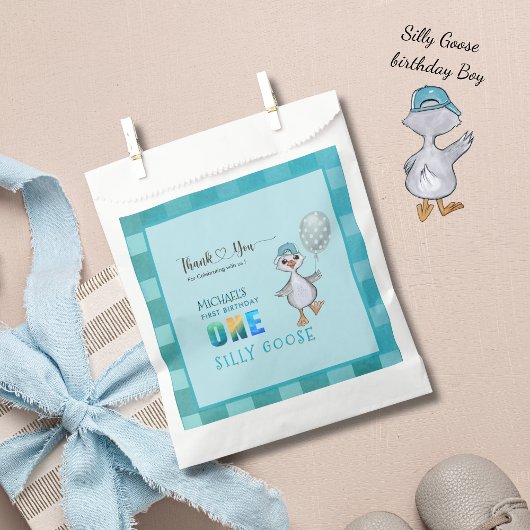 Sachets En Papier Garçon Silly Goose 1er Anniversaire Bleu Plaid