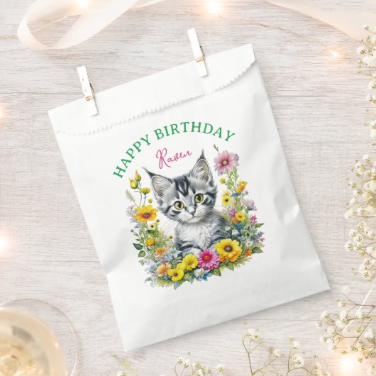 Sachets En Papier Gray Kitten Theme Fille d'anniversaire Personnalis (Coupé)