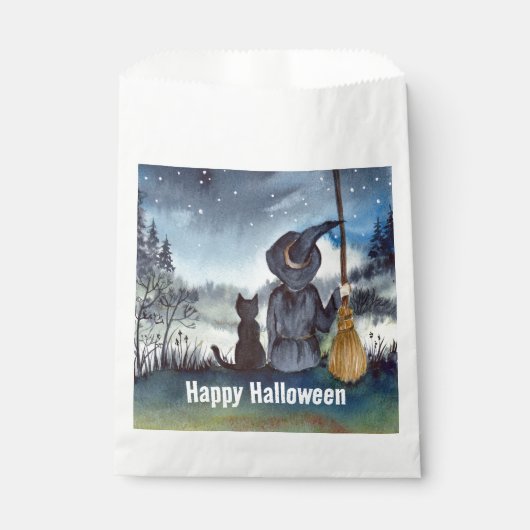 Sachets En Papier Halloween Chat noir et la Sorcière étoile nuit (Devant)