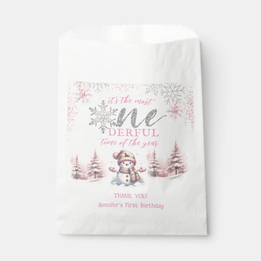 Sachets En Papier Hiver ONE derland Fille rose Noël 1er anniversaire (Devant)