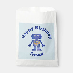 Sachets En Papier Joyeux Anniversaire Robot bleu et or avec nom