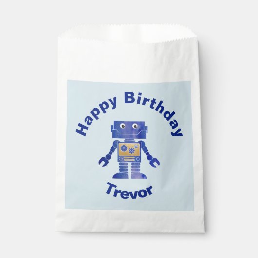 Sachets En Papier Joyeux Anniversaire Robot bleu et or avec nom (Devant)