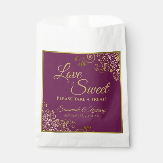 Sachets En Papier L'amour est doux Magenta Plum & Gold Lace Mariage (Devant)