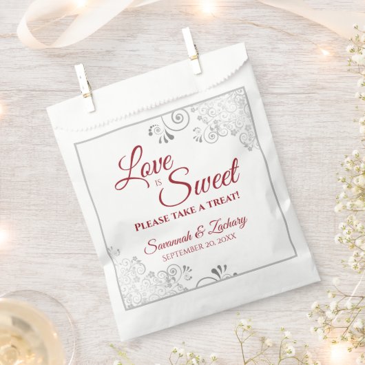 Sachets En Papier L'amour est Sweet Silver Lace & Red Script Mariage (Coupé)